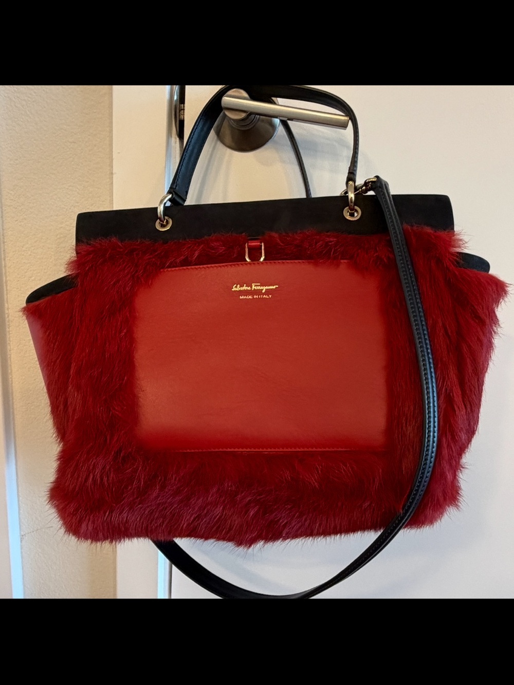 Salvatore Ferragamo Red Faux Fur & Leather Shoulder Bag with Black Trim